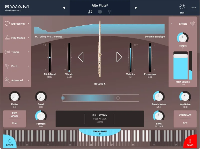 Audio Modeling SWAM Flutes interface