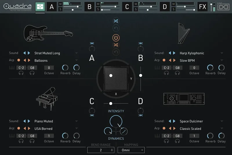 UVI Quadra: Muted & Harmonics interface