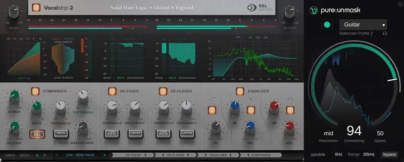Solid State Logic SSL Vocalstrip 2 and Sonible pure:unmask interface