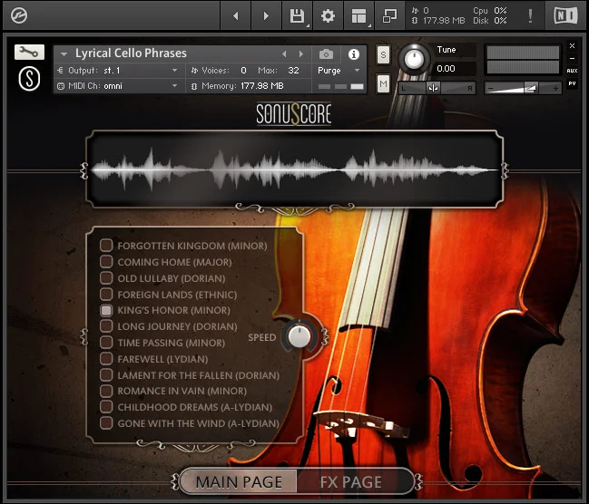 SonuScore Lyrical Cello Phrases interface