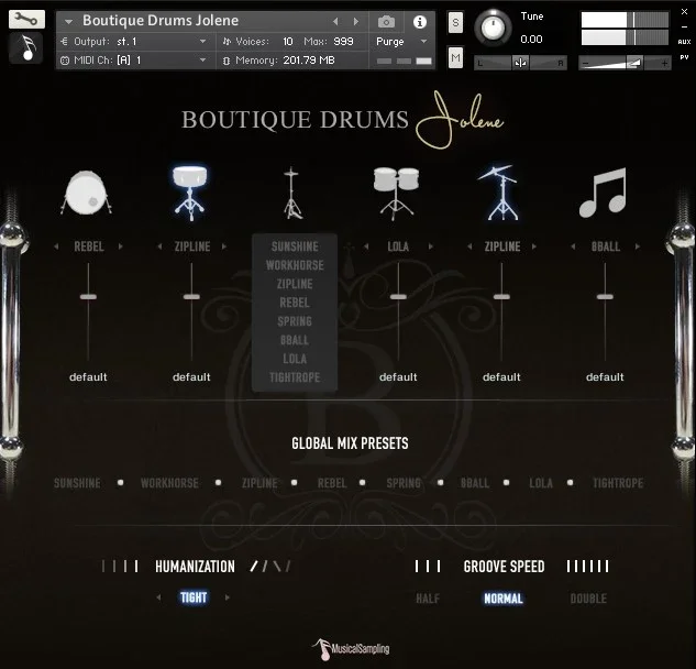 Musical Sampling Boutique Drums Jolene interface