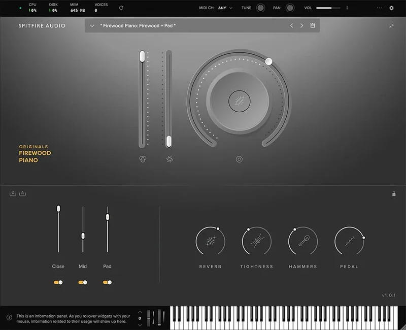Spitfire Audio Originals Firewood Piano interface