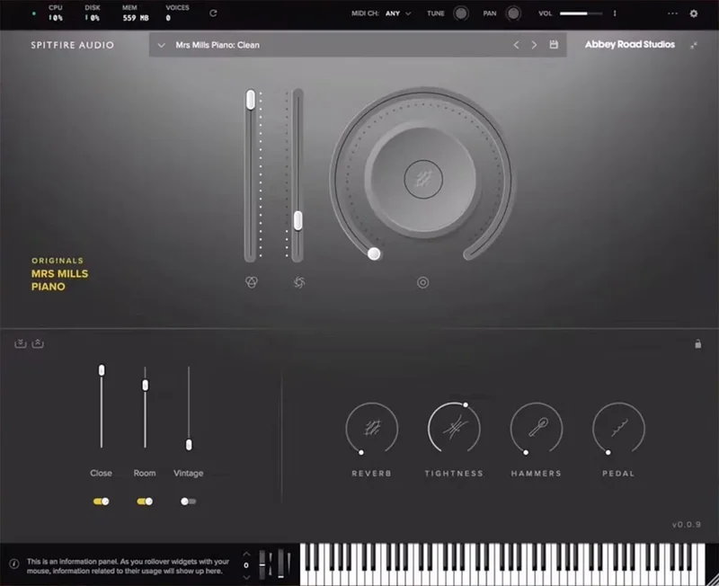 Spitfire Audio Originals Mrs Mills Piano interface