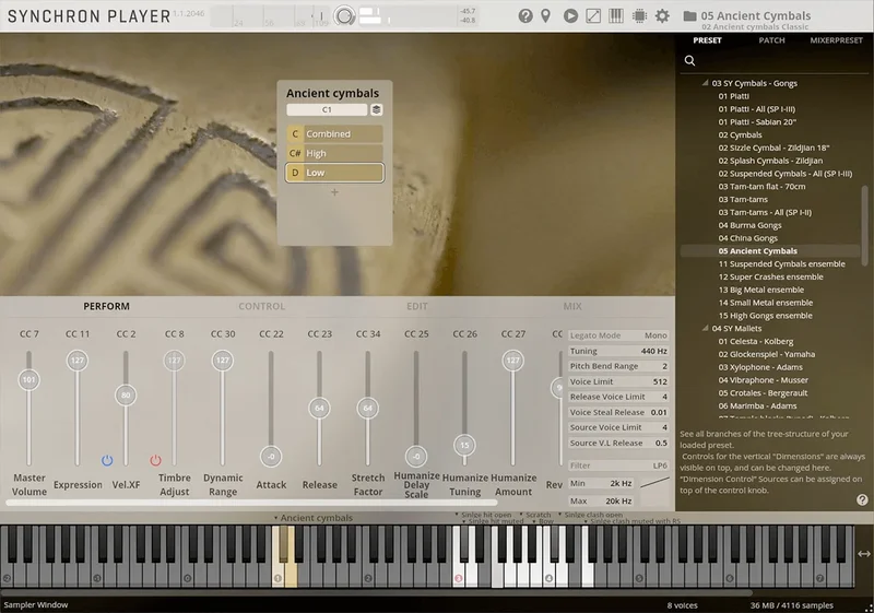 VSL Synchron Cymbals & Gongs III interface
