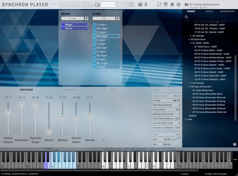VSL Free Instruments Harp Glissandos interface