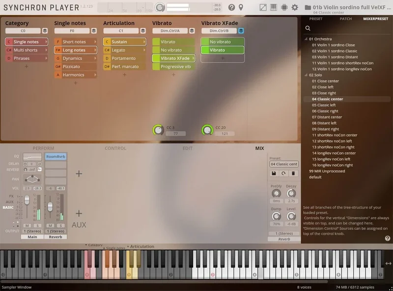 VSL Studio Solo Strings Sordino interface