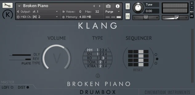 KLANG DRUMBOX: Broken Piano interface