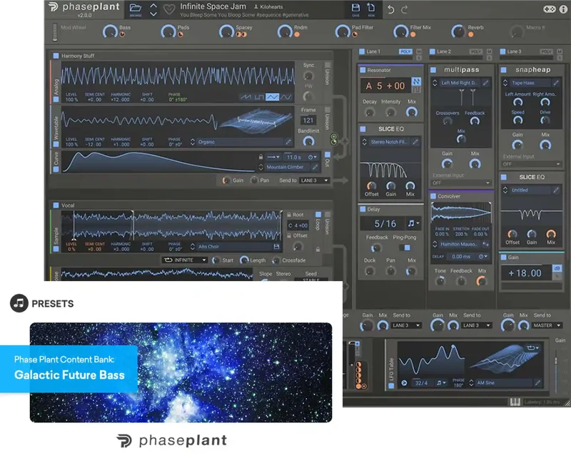 Exclusive Bundles+ Kilohearts Phase Plant + Free Expansion Pack: Galactic Future Bass (Exclusive) interface