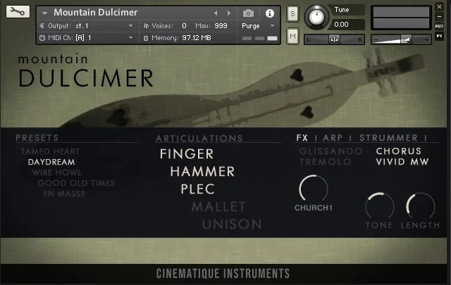 Cinematique Instruments Mountain Dulcimer interface