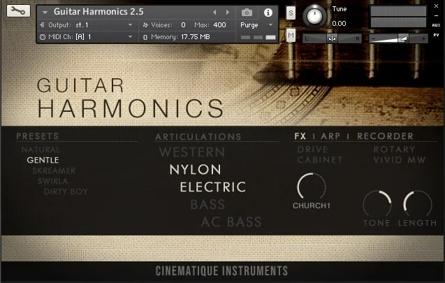 Cinematique Instruments Guitar Harmonics v2.5 interface