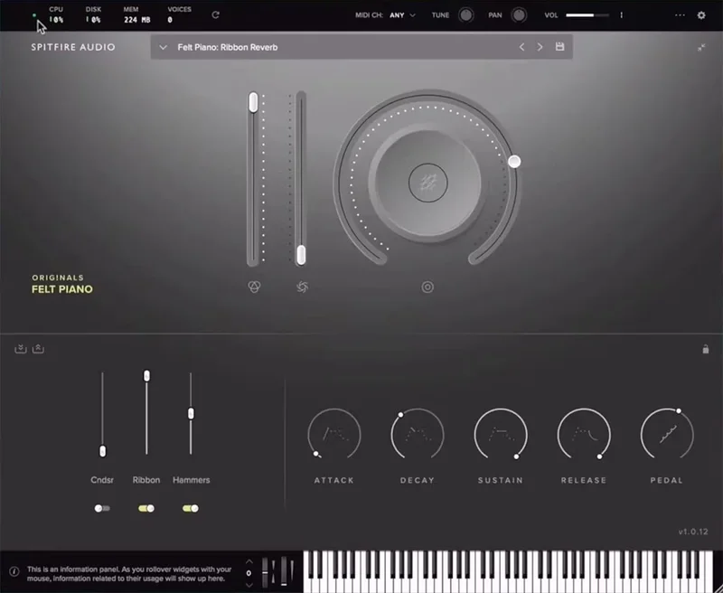 Spitfire Audio Originals Felt Piano interface