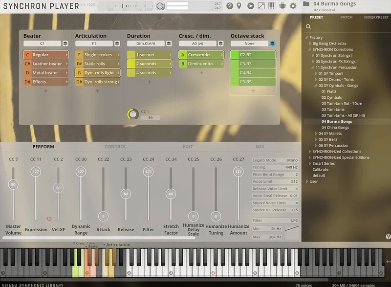 VSL Synchron Cymbals & Gongs II interface
