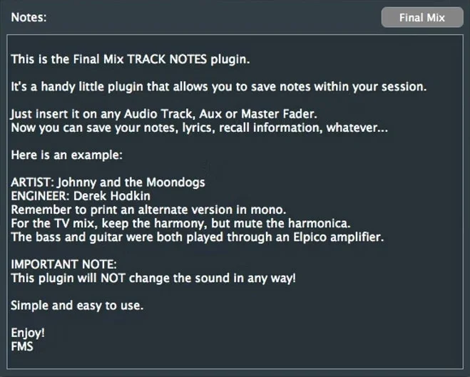 Final Mix Track Notes III interface