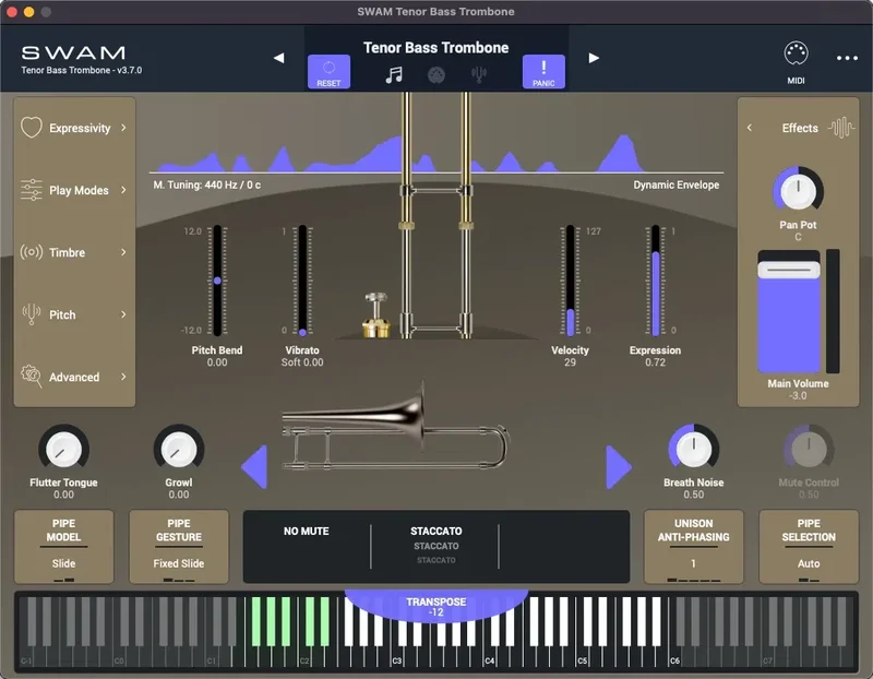 Audio Modeling SWAM Solo Trombones interface