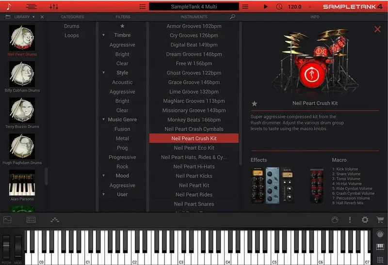 IK Sampletank Sound Library - Neil Peart Drums interface