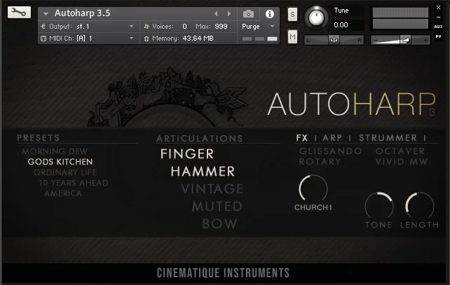 Cinematique Instruments Autoharp v3.5 interface