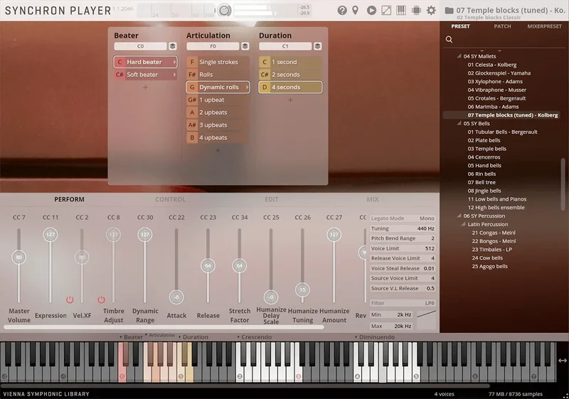 VSL Synchron Mallets III interface