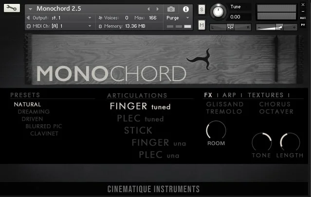 Cinematique Instruments Monochord v2.5 interface