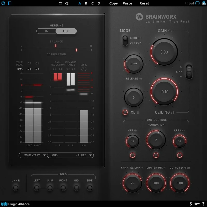 Brainworx bx_limiter True Peak interface