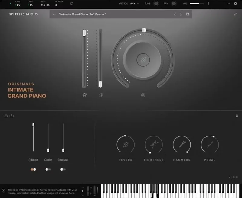Spitfire Audio Originals Intimate Grand Piano interface