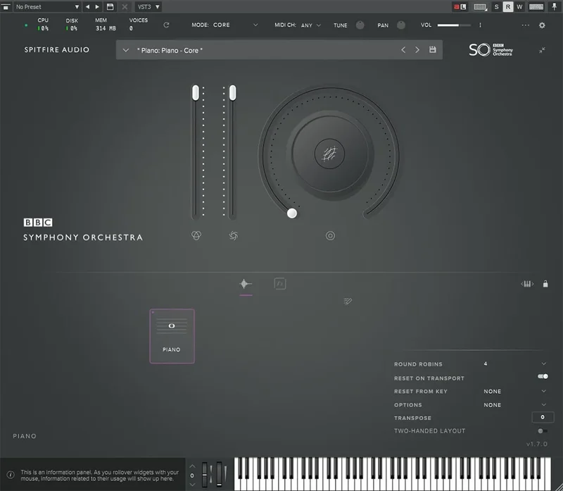 Spitfire Audio BBC Symphony Orchestra Piano Core interface