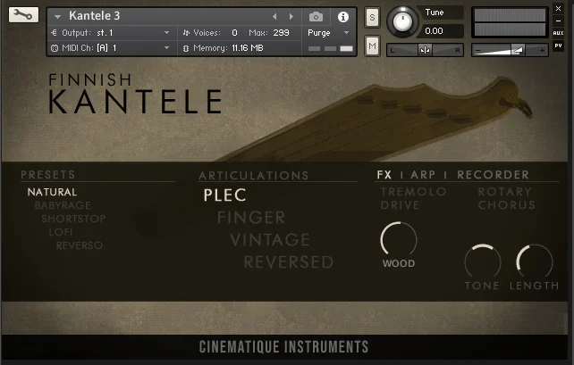 Cinematique Instruments Kantele v2.5 interface