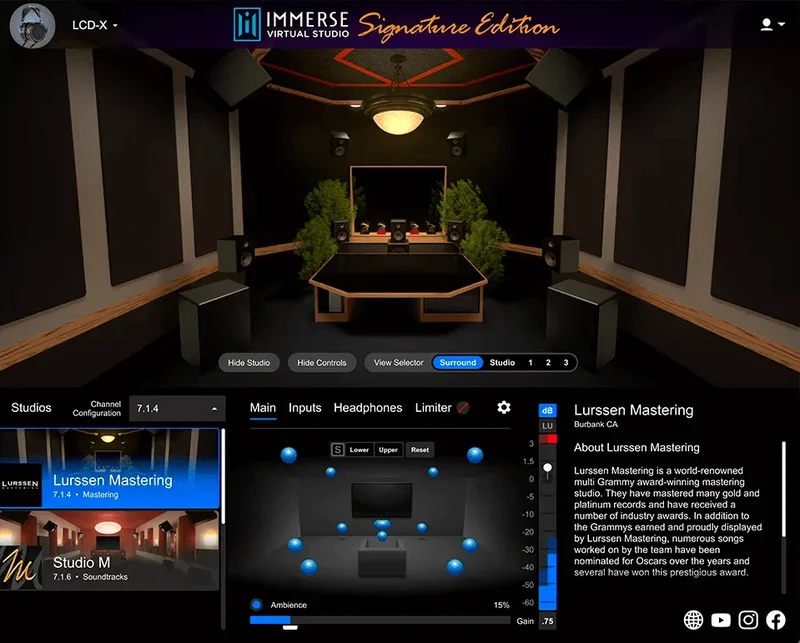 Embody Immerse Virtual Studio Signature Edition Lurssen Mastering interface