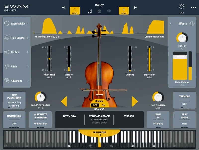 Audio Modeling SWAM Cello interface
