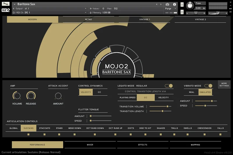 Vir2 Instruments MOJO 2: Baritone Saxophone interface