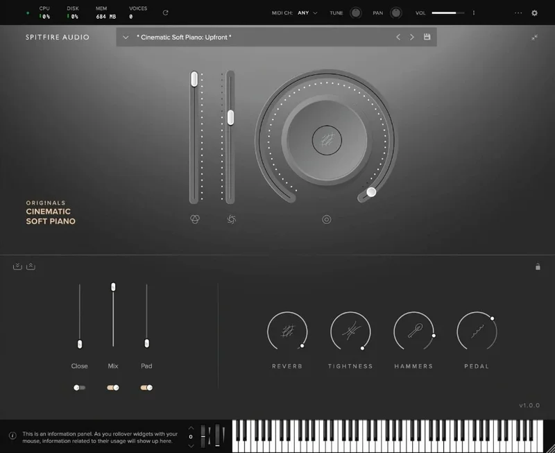 Spitfire Audio Originals Cinematic Soft Piano interface