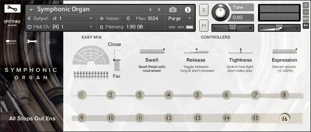 Spitfire Audio Symphonic Organ interface