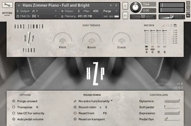 Spitfire Audio Hans Zimmer Piano interface