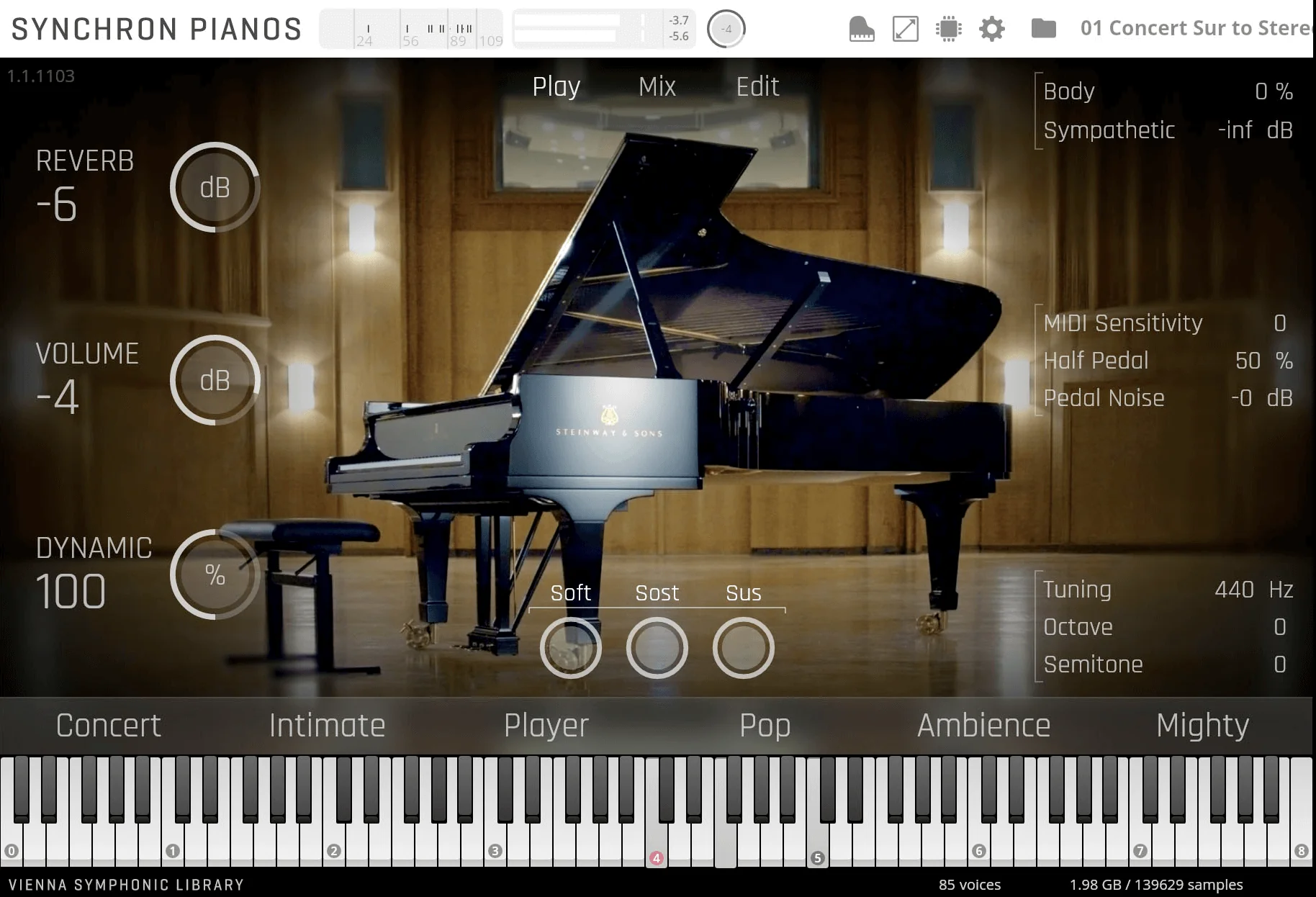 VSL Synchron Pianos: Concert D-274 interface