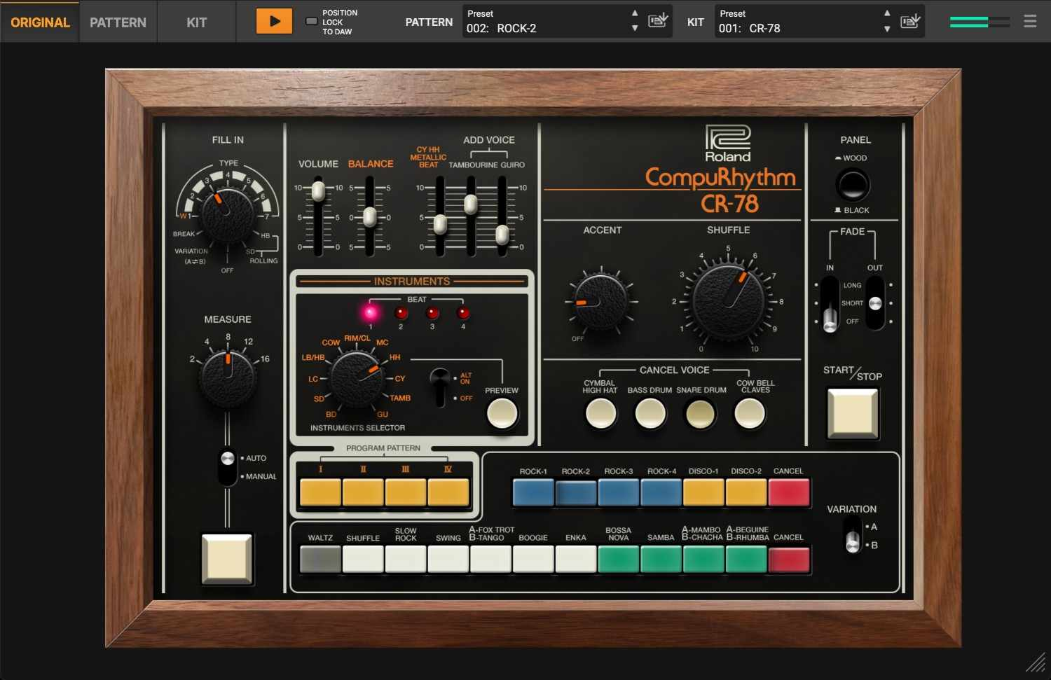 Roland CR‑78 Software Rhythm Composer interface